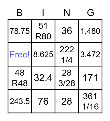 Division Bingo! Bingo Card