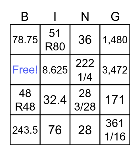 Division Bingo! Bingo Card