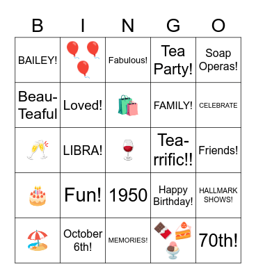 BEV'S 70TH BIRTHDAY PARTY Bingo Card