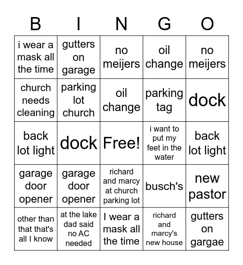 Mom Bingo Card