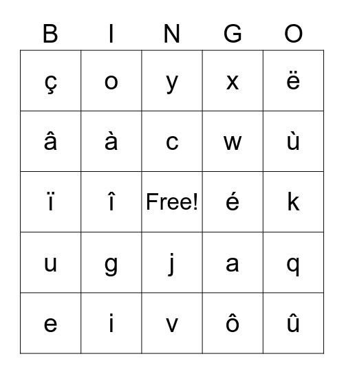 French Alphabet With Accents Bingo Card
