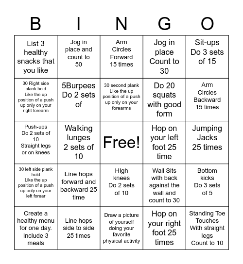 PE Bingo Card