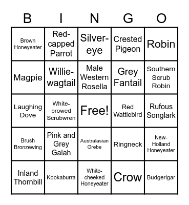 Western Autralia Bird Bingo Card