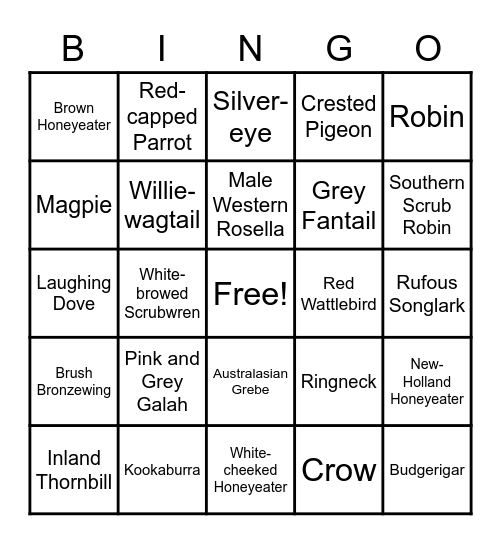 Western Autralia Bird Bingo Card