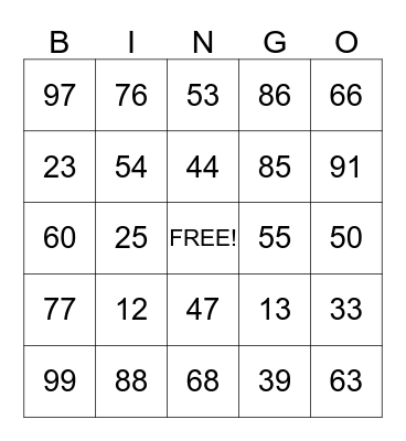 Number Bingo Card
