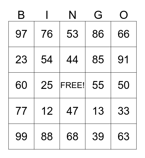 Number Bingo Card