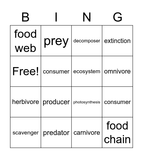 Food Web and Food Chain Bingo Card