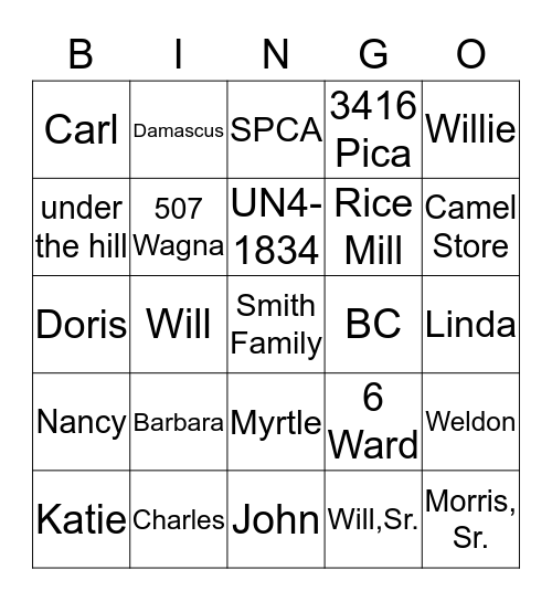 Smith Bingo Card