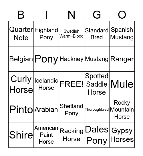 Horse Breeds Bingo Card