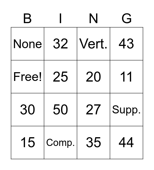 Angle Bingo Card