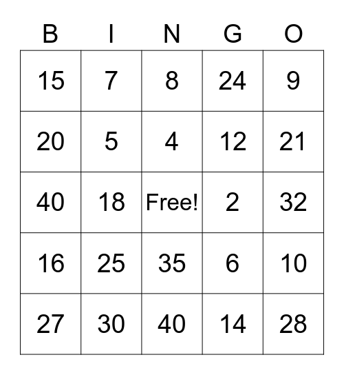 Multiplication Bingo Card