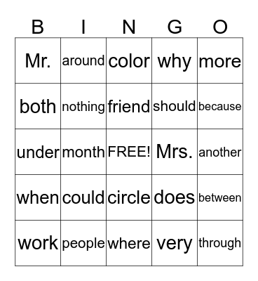 Sight Word Bingo List 3 Bingo Card