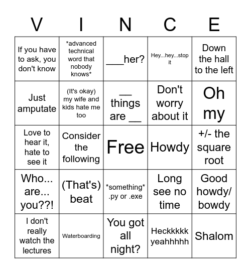 Vincego Bingo Card