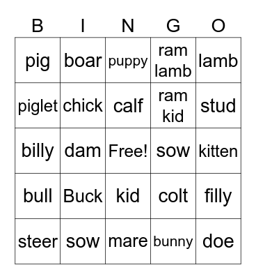 Agriscience Animal Bingo Card