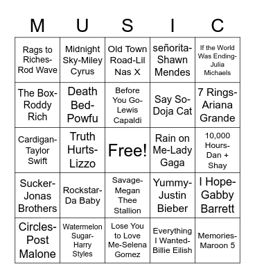 Popular Songs Bingo Card