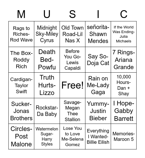 Popular Songs Bingo Card