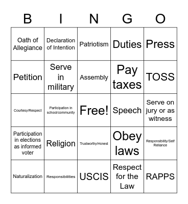 Citizenship Test Review Bingo Card