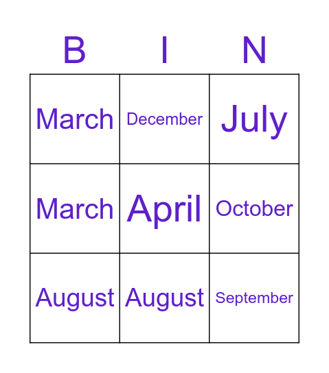 Months Bingo Card