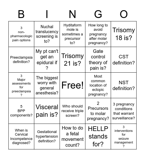 High Risk Pregnancy & Pain Bingo Card