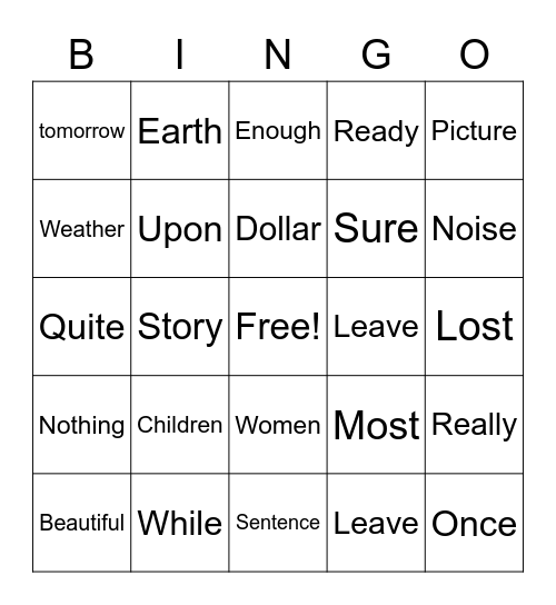 2B Tricky Words Bingo Card