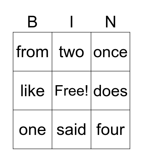 2nd Grade Bingo Card