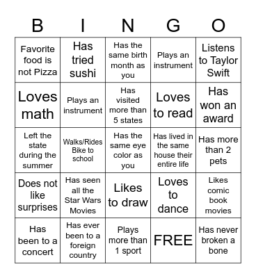 Middle School Bingo Card