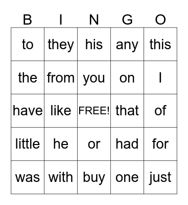 Sight Words Bingo Card