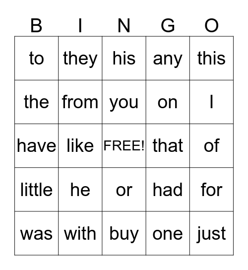 Sight Words Bingo Card