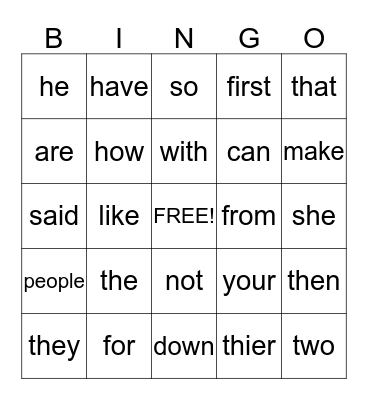 First 100 Sight Words Bingo Card