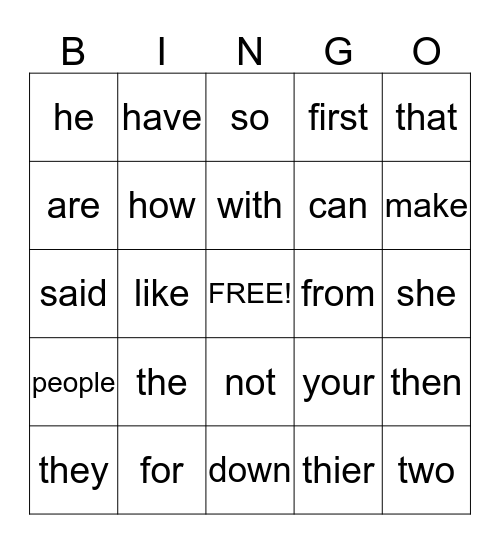 First 100 Sight Words Bingo Card