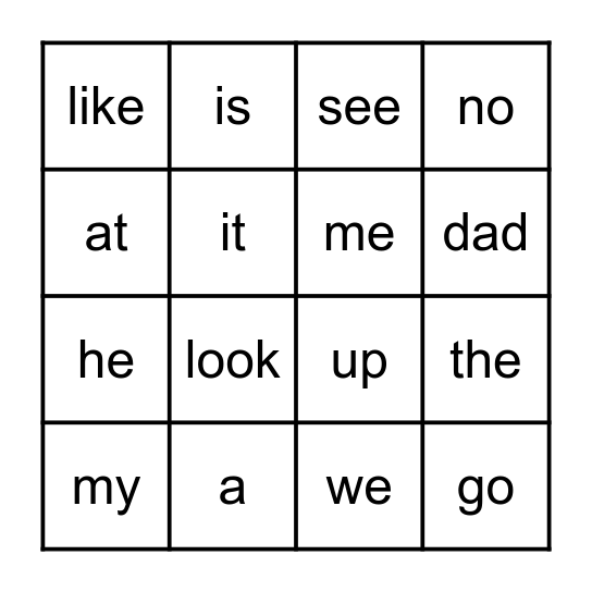 Kindergarten Bingo Card