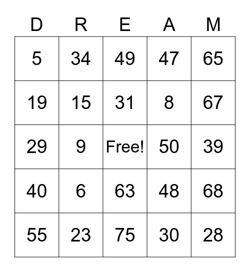 Sweet Dreams Bingo Card