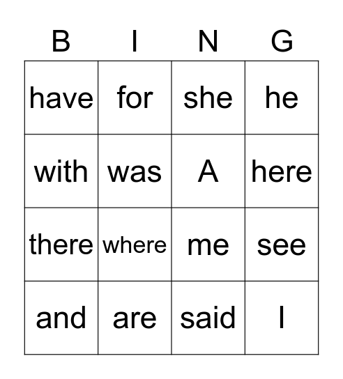 High Frequency words Bingo Card