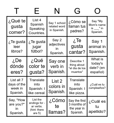 Lotería de Repaso: Español 2 Bingo Card