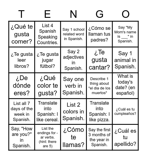 Lotería de Repaso: Español 2 Bingo Card