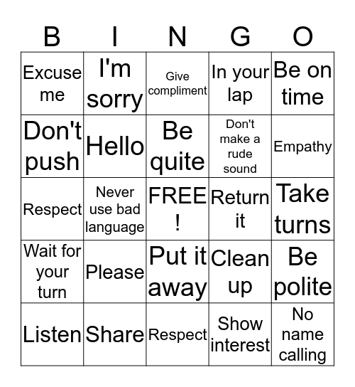 Manners Bingo Card