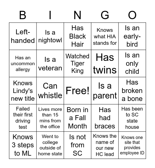 New Hire Bingo! Bingo Card