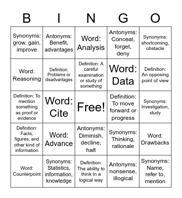 Vocabulary Bingo Card