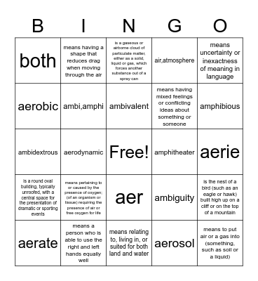 Greek Roots: Ambi, Amphi and Aer Bingo Card