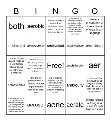 Greek Roots: Ambi, Amphi and Aer Bingo Card