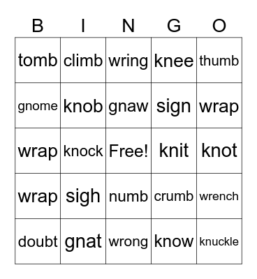 Silent Letters Bingo Card