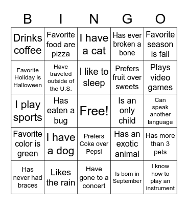 Get to Know Me Bingo Card