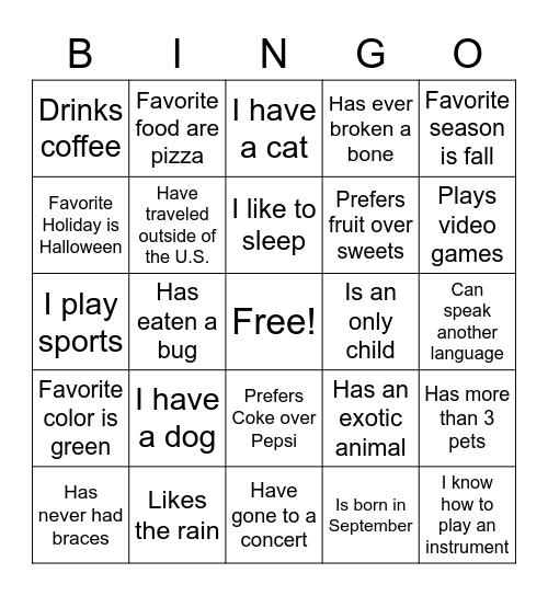 Get to Know Me Bingo Card
