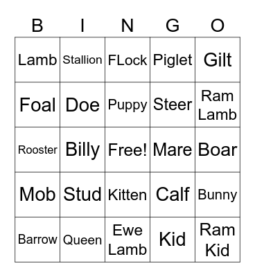 Wyatt's Animal Lingo Bingo Card