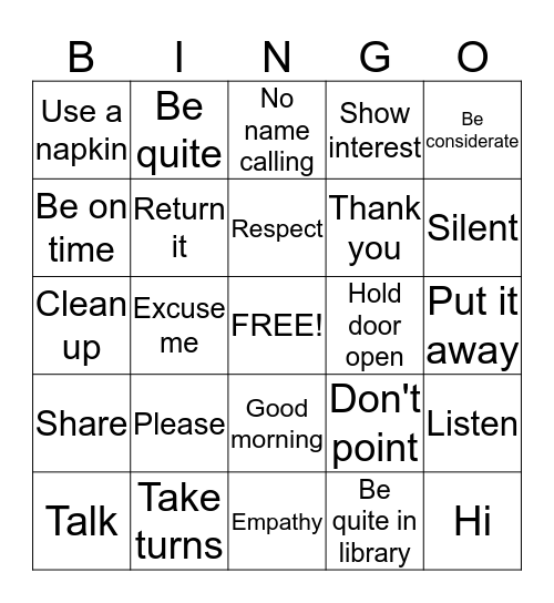 Manners Bingo Card