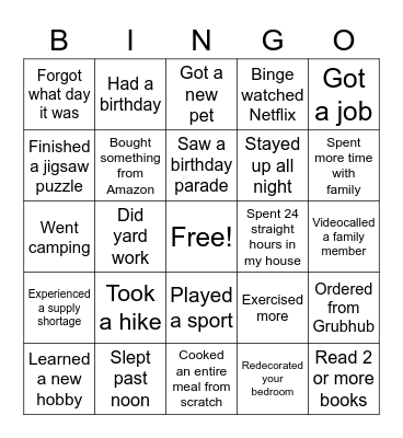 Quarantine Bingo Card