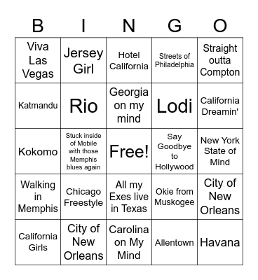 Cities and or States in Songs Bingo Card