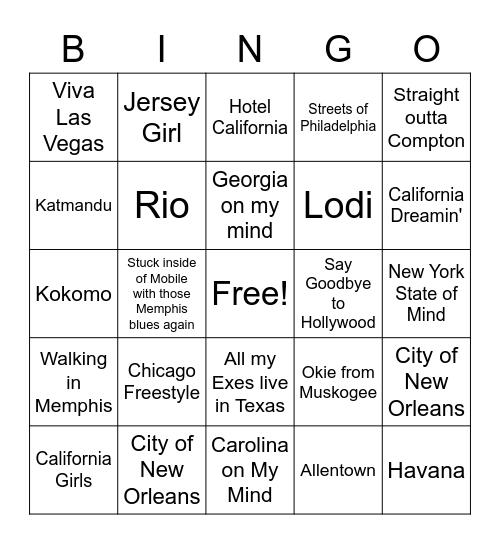 Cities and or States in Songs Bingo Card