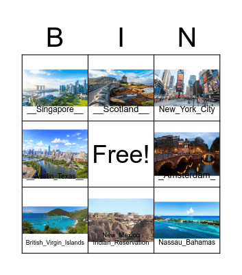 Exciting Places Bingo Card