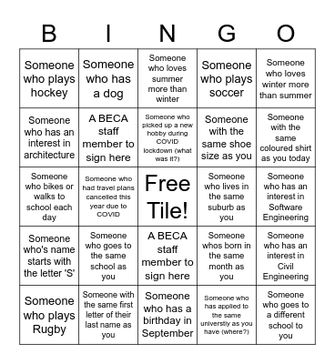 BECA Careers Day Bingo Card